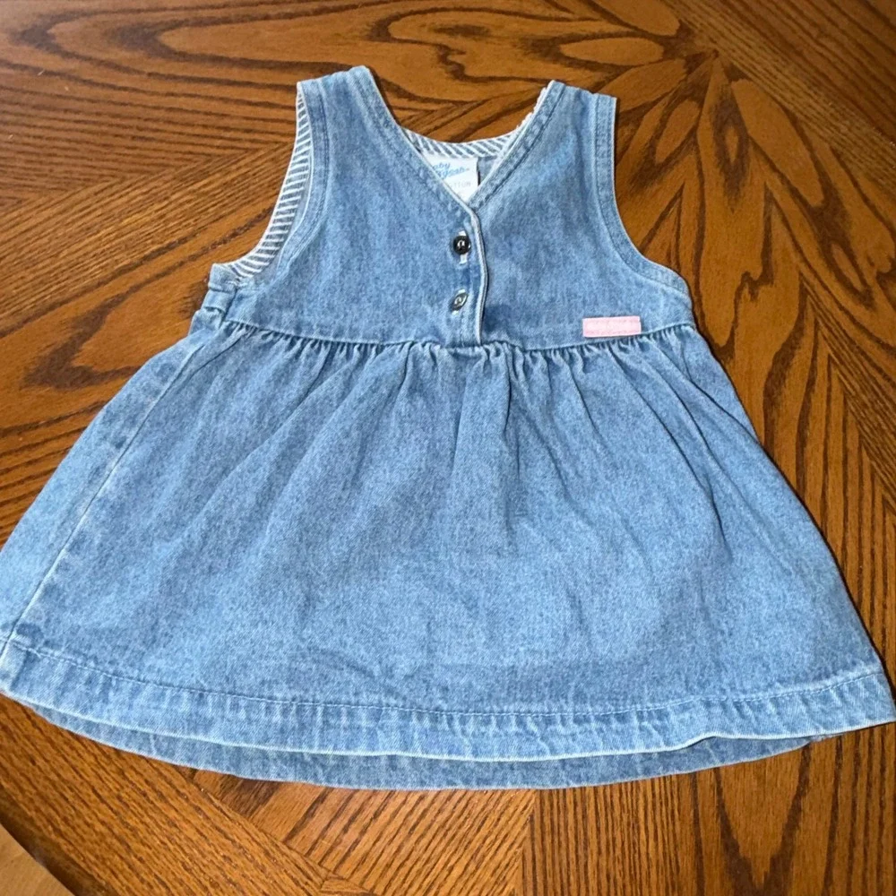 Vintage Baby B'gosh OshKosh 12M Chambray Denim Cotton Dress Pink Logo USA 90s